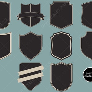 May include: Set of ten black and white shield shapes with a vintage style. The shields are blank and ready to be customized with text or images.