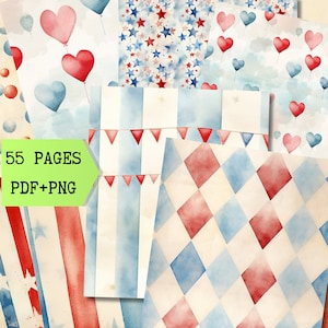 Vintage Circus Paper - A4 Digital Paper - Digital Paper, Cover Page, JunkJournal Digital Download, Blue / Red Digital Paper, Stripes, Stars