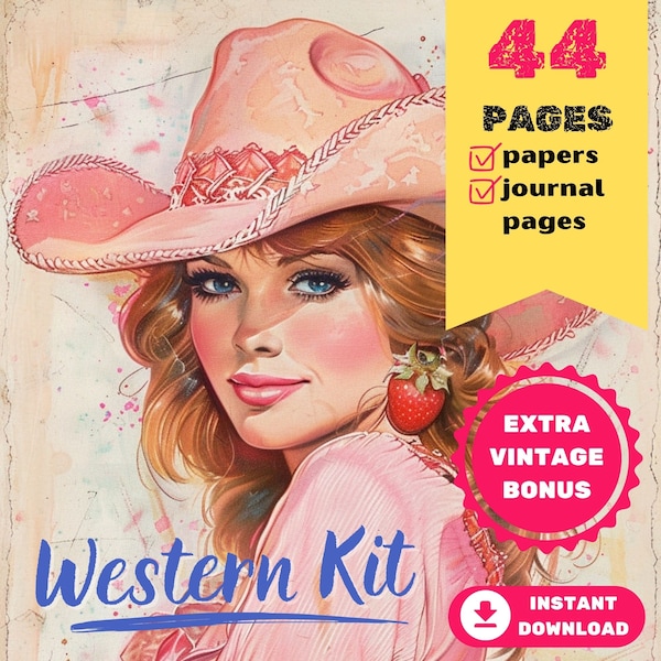 44 WESTERN COWGIRL Papers for Junk Journals - Western Printable, The Paper Outpost, Digital Paper, Half Pages, Collage Papers, Cowgil + GIFT