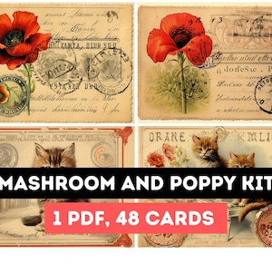 48 cartes postales vintage imprimables - Mashrom, coquelicot, chien, un peu de tout, éphémères vintage, JunkJournaling, cartes postales anciennes, lettres