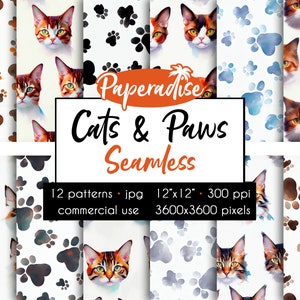 Chats orange et pattes aquarelle transparente motif, papier numérique, Abyssin, Bengale, persan, Maine Coon, Devon Rex, British Shorthair