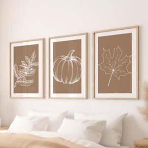 Herbst druckbare Kunst Set von 3, warme Herbstdrucke, Herbst Kürbis Druck, Herbstlaub Druck, Warme Herbst Dekor Drucke, Warme Töne Wandkunst