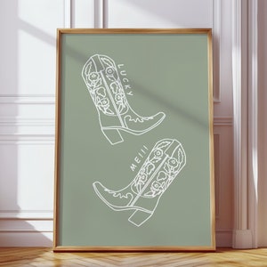 Sage Coquette Bow Cowgirl Boots Print, Girly Western Print, Cowgirl Nursery Wall Art, College Apartment Aesthetic, Trendy Print, Dorm Decor