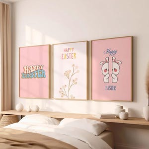 Galería de impresiones de Pascua, arte mural primaveral, estética retro de conejo de Pascua, decoración de Pascua encantadora, pósteres pastel, conjunto de 3 moderno, descarga digital