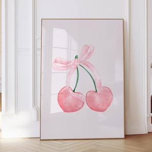Cherry Bow-kunstprint, roze prints, roze printbare coquette-poster, trendy decor meisjeslaapkamer, decor preppy college-appartement