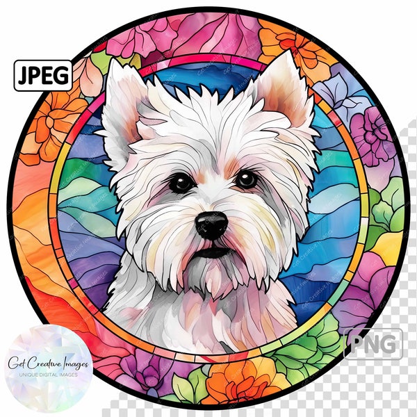 West Highland White Terrier Dog Stained Glass Clipart, Round Image, Instant Digital Download PNG & JPEG JPG, Sublimation, Commercial Use