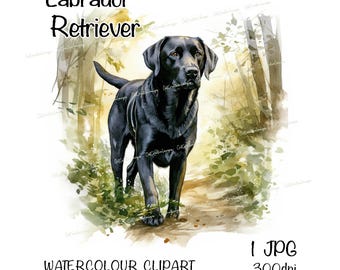 Labrador Retriever (Black) Watercolour Dog Clipart, Instant Download Digital Image, High Quality JPEG/JPG, Woodland Scene, Commercial Use