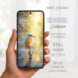 Kingfisher Phone Wallpaper For Android & iPhone, Still Background For Home or Lock Screen, Watercolour Style Art, Instant Digital Download