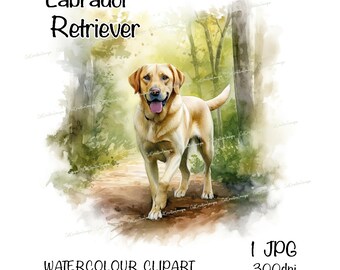 Labrador Retriever (Yellow) Watercolour Dog Clipart, Instant Download Digital Image, High Quality JPEG/JPG, Woodland Scene, Commercial Use
