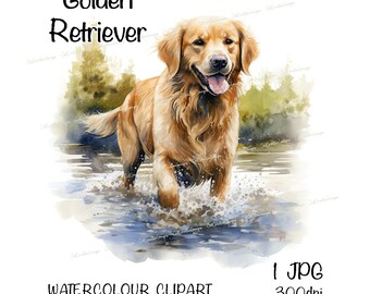 Golden Retriever Watercolour Dog Clipart, Instant Download Digital Image, High Quality 300dpi JPEG/JPG, Playful Water Scene, Commercial Use