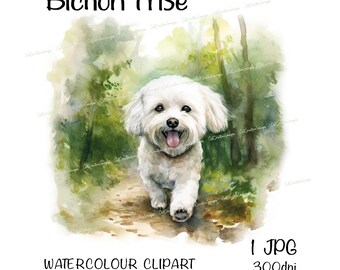 Bichon Frise Watercolour Dog Clipart, Instant Download Digital Image, High Quality JPEG/JPG, Fun Woodland Walk Scene, Commercial Use