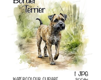 Border Terrier Watercolour Dog Clipart, Instant Download Digital Image, High Quality JPEG/JPG, Fun Woodland Walk Scene, Commercial Use