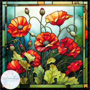 Coquelicot vitrail effet Clipart, carré coquelicots Image, Téléchargement numérique instantané JPEG, JPG de haute qualité, Sublimation, utilisation commerciale