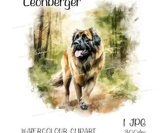 Leonberger Watercolour Dog Clipart, Instant Download Digital Image, High Quality JPEG/JPG, Fun Woodland Walk Scene, Commercial Use