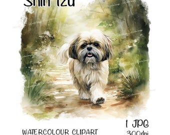 Shih Tzu Watercolour Dog Clipart, Instant Download Digital Image, High Quality JPEG/JPG, Fun Woodland Walk Scene, Commercial Use