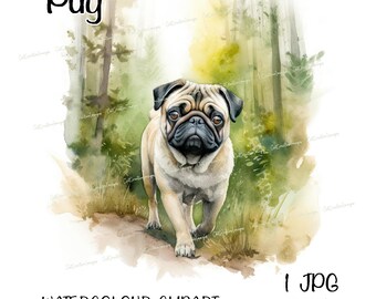 Pug Dog Clipart, Instant Download Digital Image, High Quality JPEG/JPG, Fun Woodland Walk Scene, Commercial Use