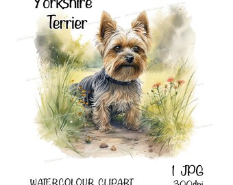 Yorkshire Terrier/Yorkie Watercolour Dog Clipart, Instant Download Digital Image, 300dpi JPEG/JPG, Fun Woodland Walk Scene, Commercial Use