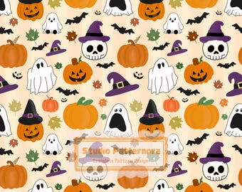Halloween Seamless Pattern, Pumpkin Ghost Witch Hat Digital Paper (Digital Download)