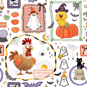 May include: A seamless pattern featuring Halloween-themed illustrations including a surprised chicken, a chick in a witch hat sitting on a pumpkin, ghosts, a black cat on a tombstone with the text Boo, spiders, webs, bats, and pumpkins on a white background.