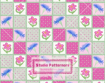 Floral Patchwork Seamless Pattern, Folk Art Digital Paper, Pink Flower Pattern, Cottagecore Quilt Design