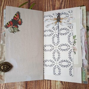 May include: Open journal with decorative pages. A butterfly sticker with red, black, and yellow markings is on the left page. The right page features a dragonfly illustration. A decorative metal clip is visible.