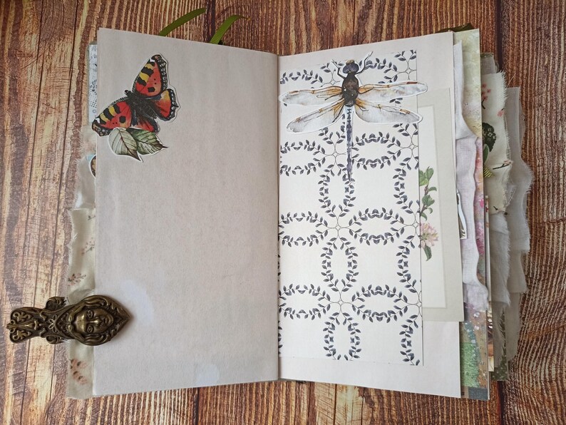 May include: Open journal with decorative pages. A butterfly sticker with red, black, and yellow markings is on the left page. The right page features a dragonfly illustration. A decorative metal clip is visible.