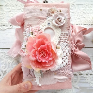 Pink Flower Rose Junk Journal Handmade Unique Chunky French Garden Journal for Sale Romantic Homemade Daily 8x4 in by BeeHappyJournal