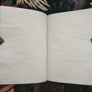 May include: An open, blank book with aged, off-white pages. The book is bound in black with ornate, antique-style clasps. The clasps are bronze-colored and feature a detailed face design. The book is open, ready for writing or display.