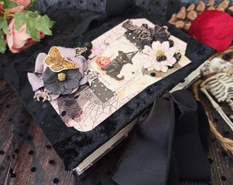 Handmade Black Vintage Junk Journal: Black Rose Floral Design Spell Book 6x5in