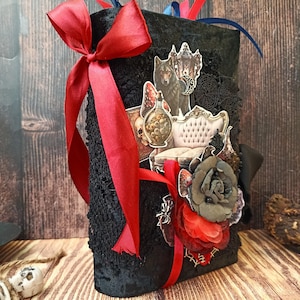 Mystic Halloween Junk Journal for Sale Dark Gothic Spell Grimoire Journal Handmade Black Haunted House Castle 8 by 4 in BeeHappyJournal