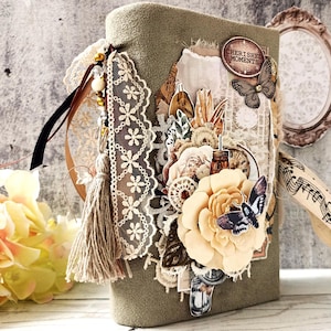 Complete Flower Moth Junk Journal Handmade Large Vintage Floral Treasure Book Journal Elegant Guest Book 8x4 in by BeeHappyJournal