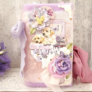 Rich Decorated Floral Junk Journal Handmade Large Purple Boudoir Lavender Scrapbook Journal for Sale Woman Wedding 8x4 in BeeHappyJournal