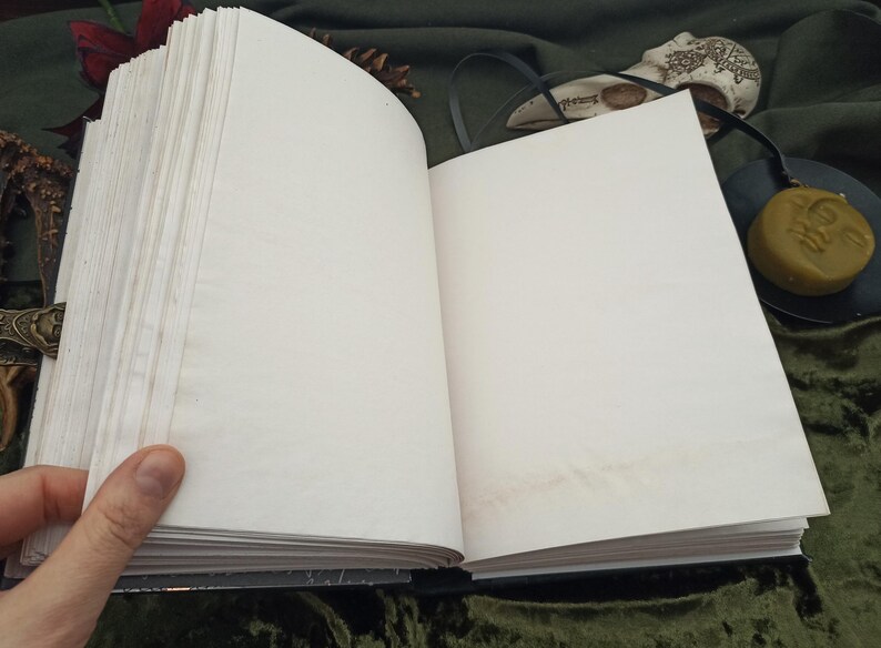 Puede incluir: Un diario abierto con p&aacute;ginas en blanco de color blanquecino. El libro est&aacute; encuadernado en una cubierta oscura y se mantiene abierto con una mano. Las p&aacute;ginas muestran una ligera decoloraci&oacute;n. El fondo incluye una tela verde oscuro, una calavera decorativa y un sello de cera.