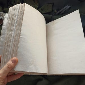 Peut inclure: Un livre ouvert aux pages vierges et vieillies, tenu par une main. Les pages ont un aspect textur&eacute; et blanc cass&eacute;. L'arri&egrave;re-plan comprend un objet en forme de cr&acirc;ne, une bougie et une main de squelette, le tout sur une surface vert fonc&eacute;.