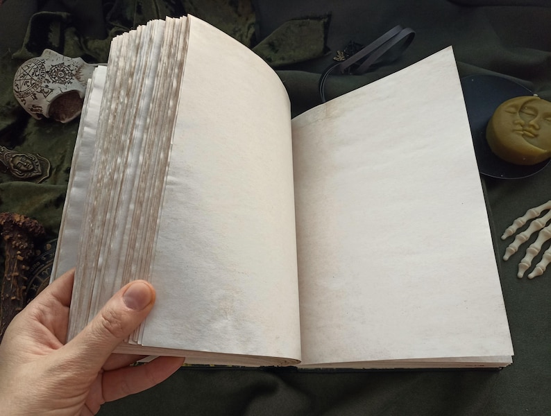 Peut inclure: Un livre ouvert aux pages vierges et vieillies, tenu par une main. Les pages ont un aspect textur&eacute; et blanc cass&eacute;. L'arri&egrave;re-plan comprend un objet en forme de cr&acirc;ne, une bougie et une main de squelette, le tout sur une surface vert fonc&eacute;.