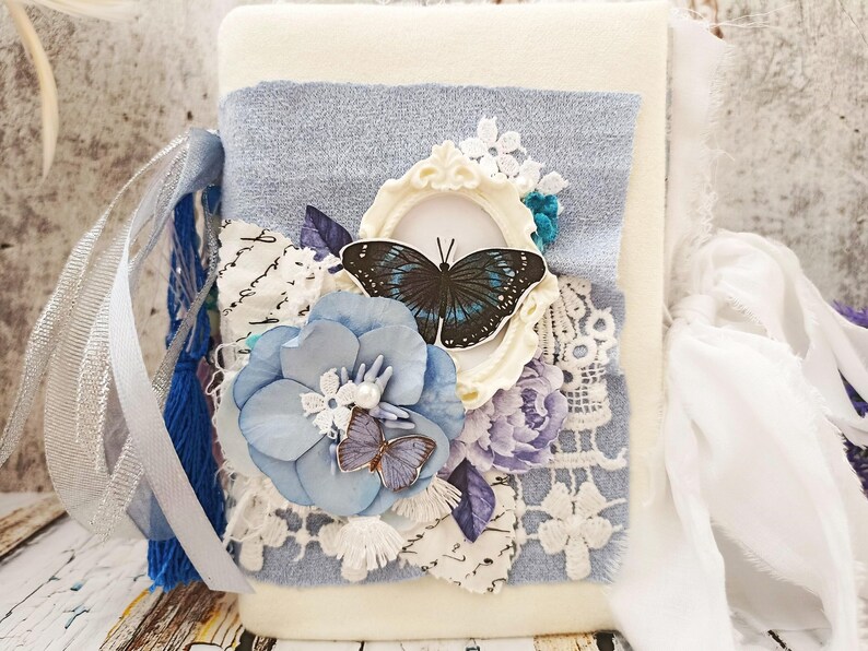 Victorian Butterfly Treasure Book Journal Handmade Blank Lace Moth Blue