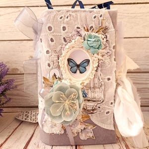 Lace Birds Junk Journal for Sale Chunky Boho Blue Cottage Flowers Journal Handmade Dream Roses Treasure Book 8 by 4 in by BeeHappyJournal