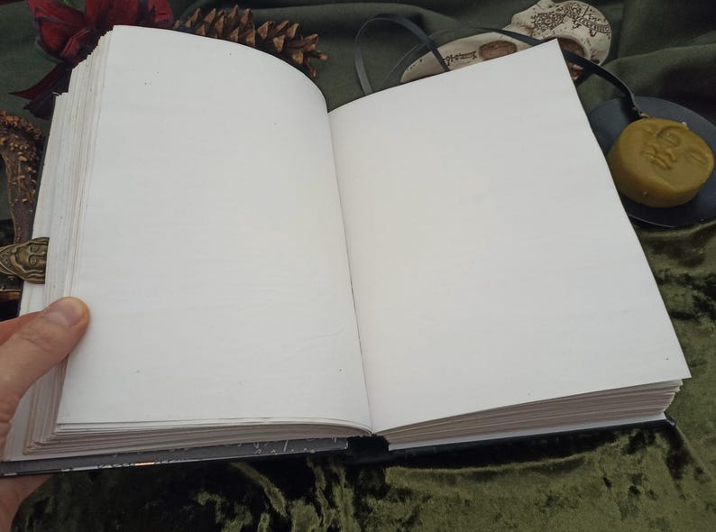 Puede incluir: Un diario abierto con p&aacute;ginas en blanco de color crema. El libro est&aacute; encuadernado en negro y tiene un cierre decorativo. El diario se muestra sobre una superficie de terciopelo verde oscuro, con otros elementos decorativos en el fondo.
