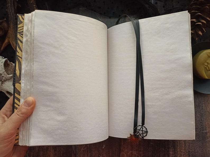 May include: Open journal with blank, textured pages. The cover has a black and gold pattern. A black ribbon with a pentacle charm and a small orange flower serves as a bookmark. The journal is open, revealing the pages.