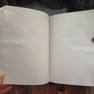 May include: Open blank journal with aged, off-white pages. The journal is held open, revealing the textured paper. A decorative metal clasp with a detailed face design secures the journal. The spine has a black and gold pattern.