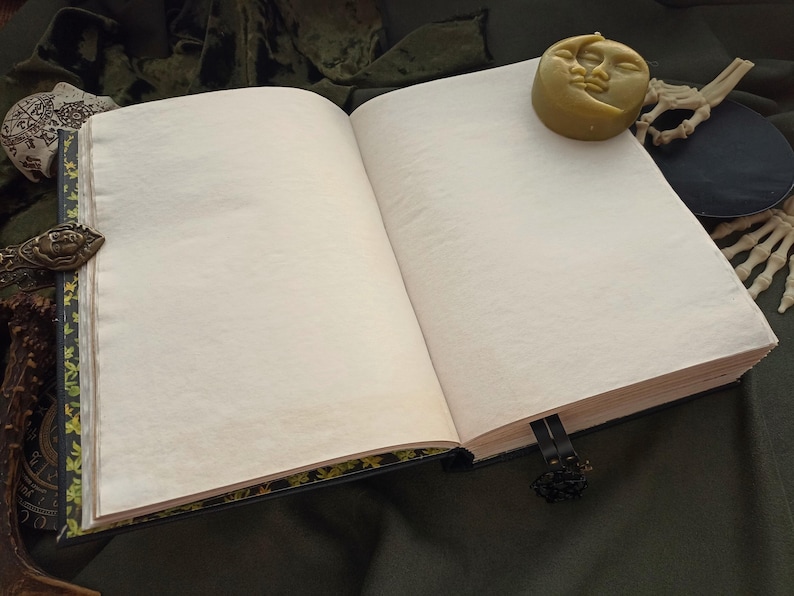 Peut inclure: Un journal ouvert avec des pages vierges de couleur cr&egrave;me, un fermoir d&eacute;coratif et une bougie en forme de lune. Le journal a une couverture sombre et un signet noir. Un bord d&eacute;coratif est visible.