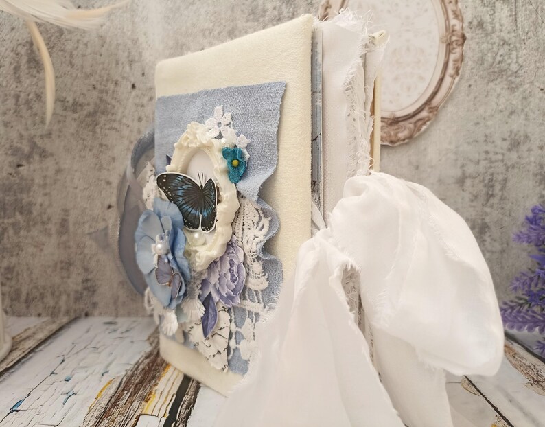 Victorian Butterfly Treasure Book Journal Handmade Blank Lace Moth Blue