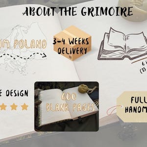 Puede incluir: Un libro abierto con el texto "ABOUT THE GRIMOIRE". El libro mide 21 cm de alto y 15 cm de ancho. La imagen tambi&eacute;n incluye el texto "FROM POLAND", "3-4 WEEKS DELIVERY", "UNIQUE DESIGN", "600 BLANK PAGES" y "FULLY HANDMADE".
