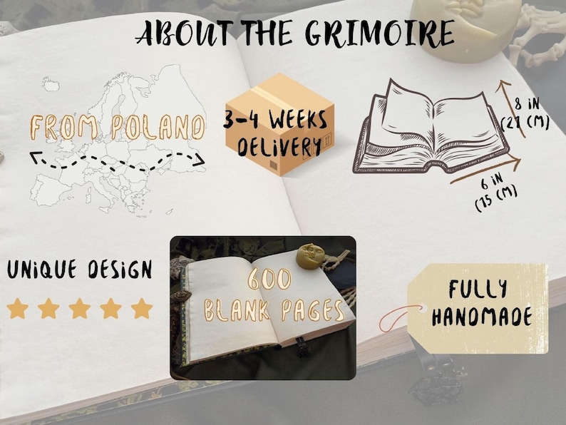 Puede incluir: Un libro abierto con el texto "ABOUT THE GRIMOIRE". El libro mide 21 cm de alto y 15 cm de ancho. La imagen tambi&eacute;n incluye el texto "FROM POLAND", "3-4 WEEKS DELIVERY", "UNIQUE DESIGN", "600 BLANK PAGES" y "FULLY HANDMADE".