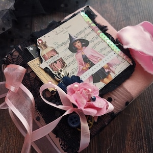 Small Gothic Witch Magic Junk Journal Handmade BLANK Black Pink Halloween Journal for Sale Witchcraft Grimoire Book 4x4in BeeHappyJournal