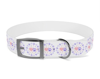 Cute White Pink and Purple Animal Lovers Paw Print Design Dog Collar in 4 Sizes With a Choice of Metals Dog Collars Dog Lovers Animals Dogs