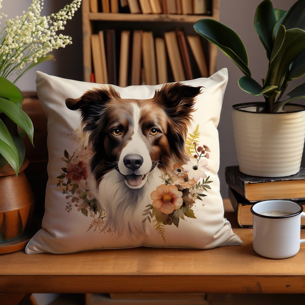 Brown Border Collie Throw Pillow Cover, Floral Pet Cushion Case, Dog Home Decor, Christmas Gift, Birthday Gift, Gift for Dog Mom, Dog Merch