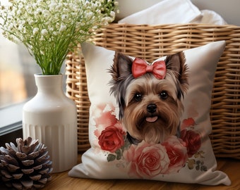 Yorkshire Terrier Throw Pillow Cover, Floral Pet Cushion Case, Dog Home Decor, Cadeau de Noël, Cadeau d’anniversaire, Cadeau pour maman chien, Dog Merch