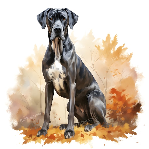 Watercolor Great Dane Clipart, Fall Dog JPG Image, Autumn Dog Portrait, Dog Sublimation Design, Scrapbooking Images, Commercial Use