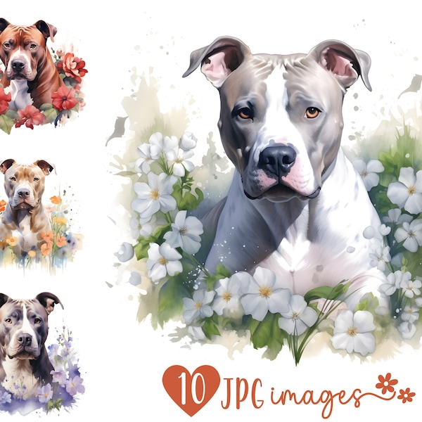 Watercolor Pitbull Bundle | 10 High Quality JPG | Digital Planner, Junk journal, Apparel, Digital Download Commercial Use